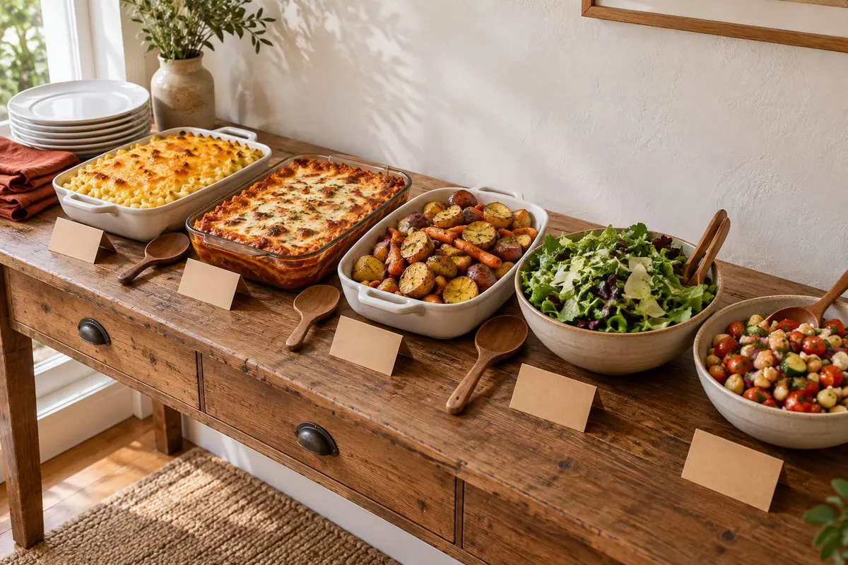 Console table buffet with three baking dishes, two bowls and five small blank kraft paper tent cards