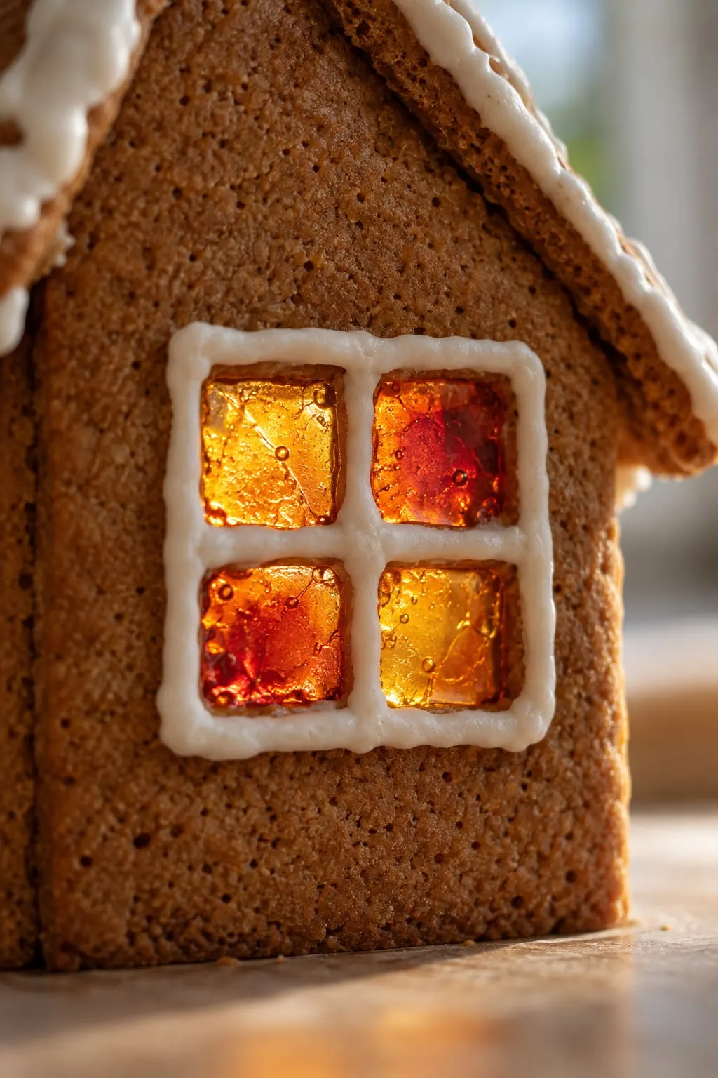 Close-up of a gingerbread house window with four amber, yellow and red melted candy panes framed in white icing