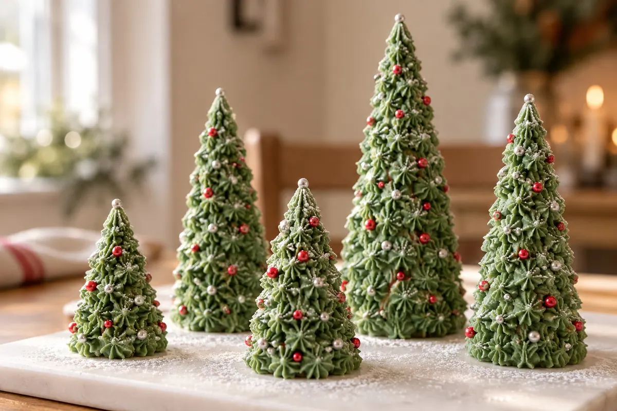 Five ice cream cone trees covered in piped green icing with small red and silver balls on a white board