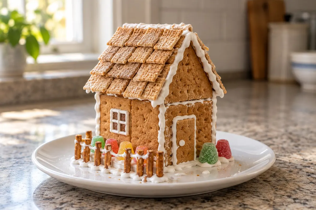 House made of graham crackers with a cereal-shingle roof, pretzel stick fence and six gumdrops on a white plate