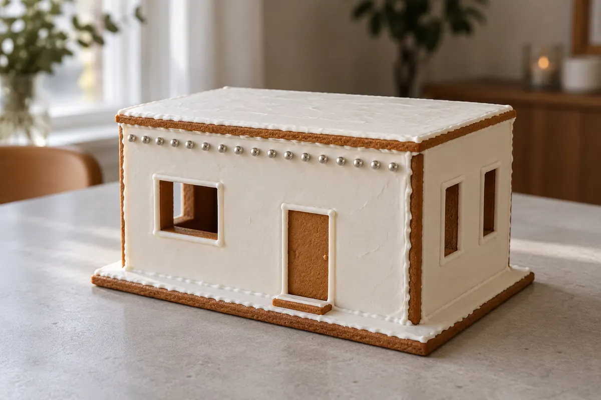 Rectangular gingerbread house with flat white icing roof, a brown door, three windows and a row of silver beads