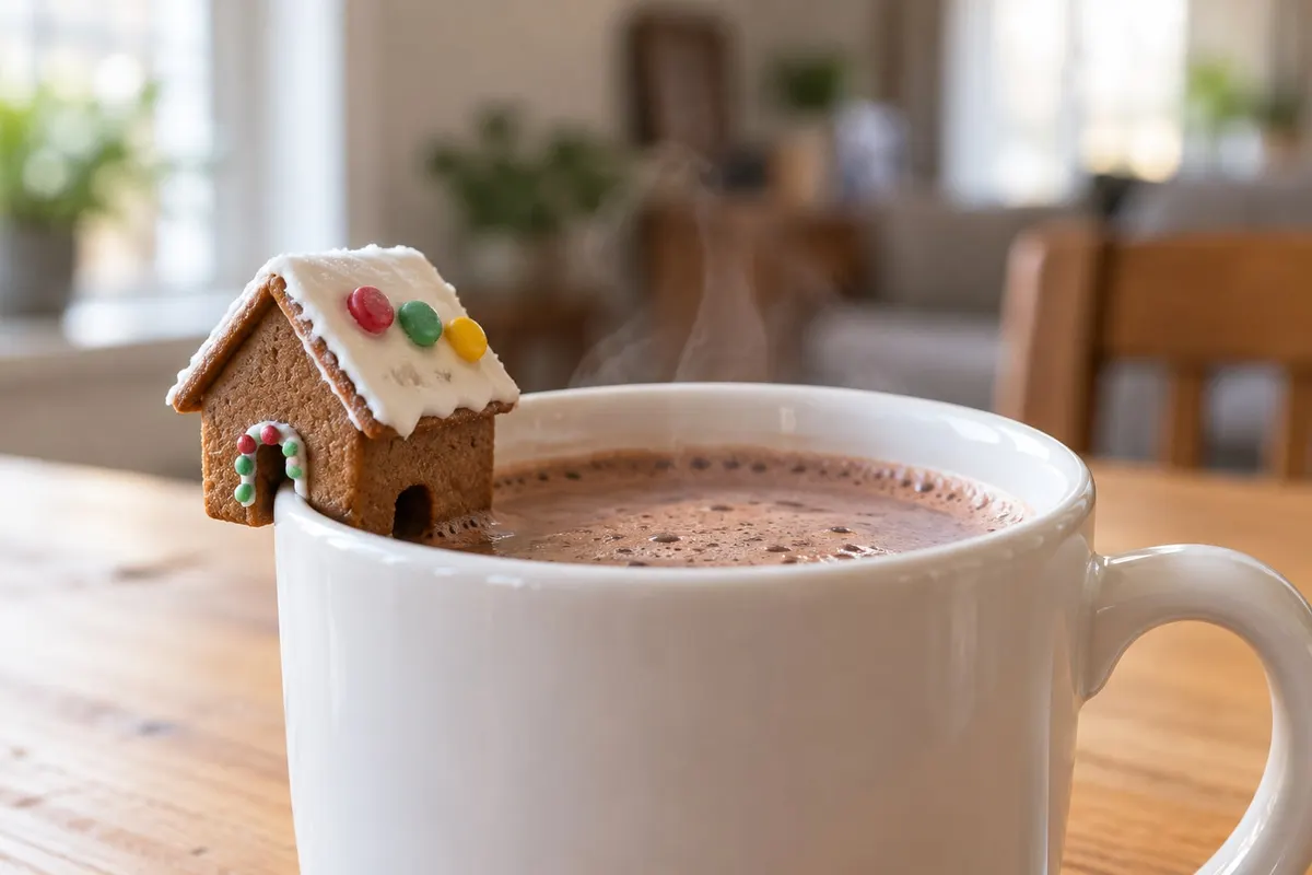 Small gingerbread house cookie perched on the rim of a white mug of cocoa with roof candies