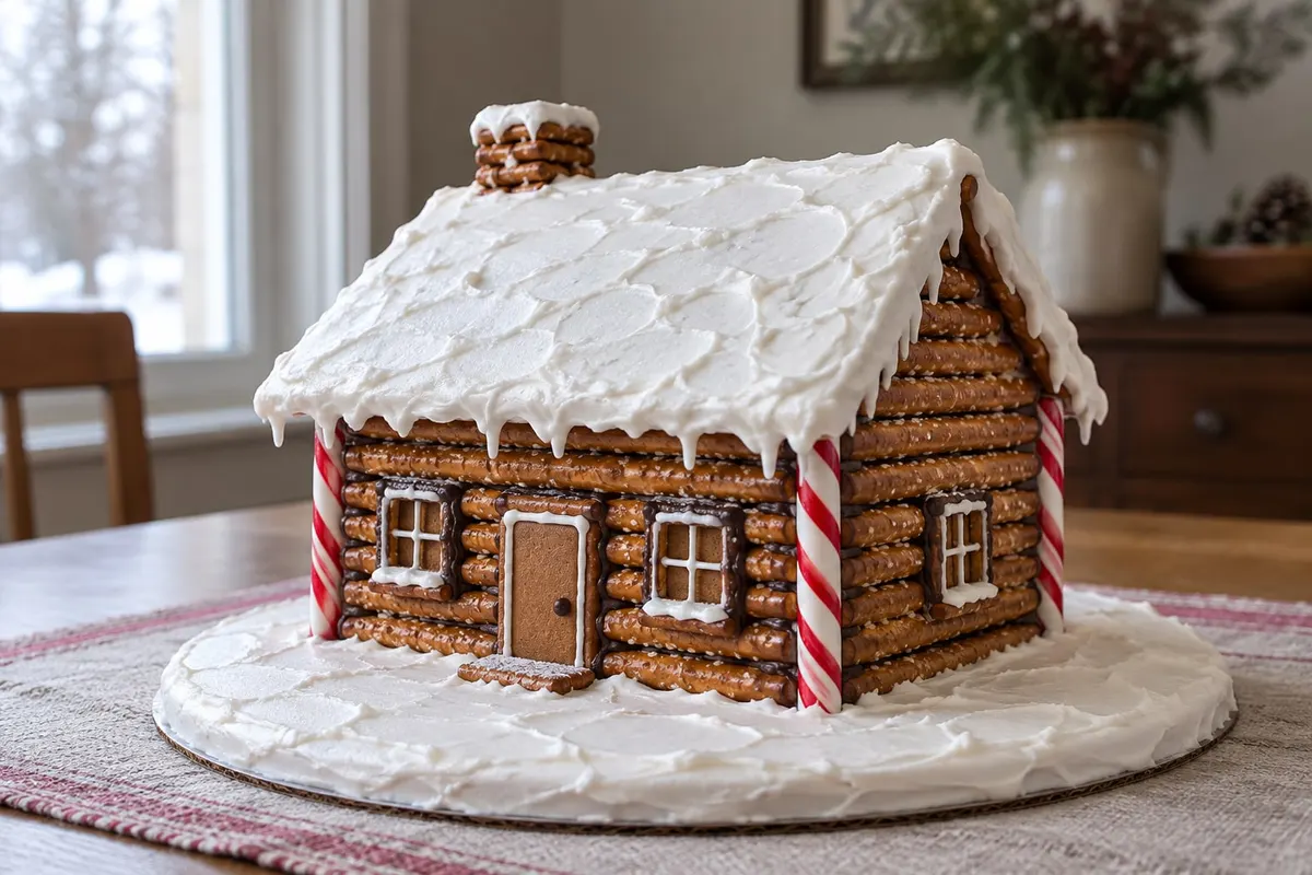 Gingerbread cabin with pretzel rod walls, white icing roof, chimney, three windows and red and white striped corner posts