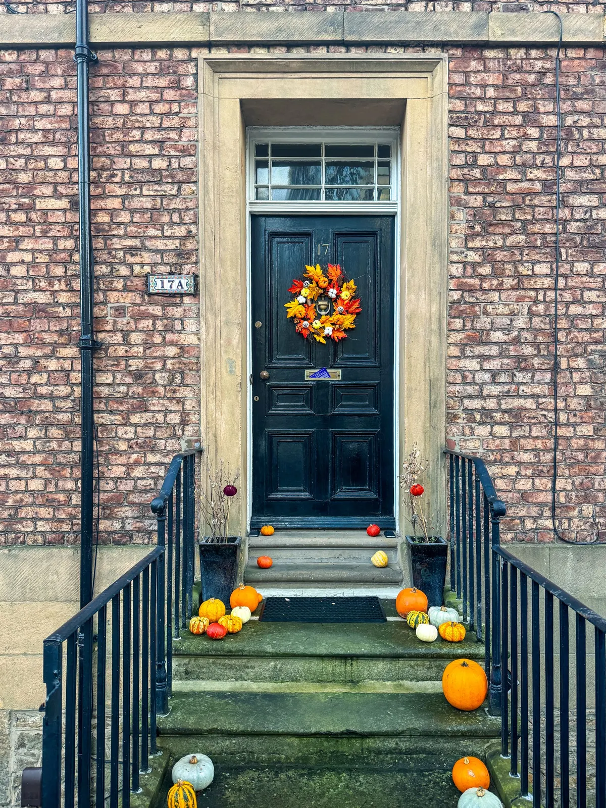 Glossy black Georgian door with a maple-leaf wreath, two black planters with twigs and red baubles, pumpkins on stone steps