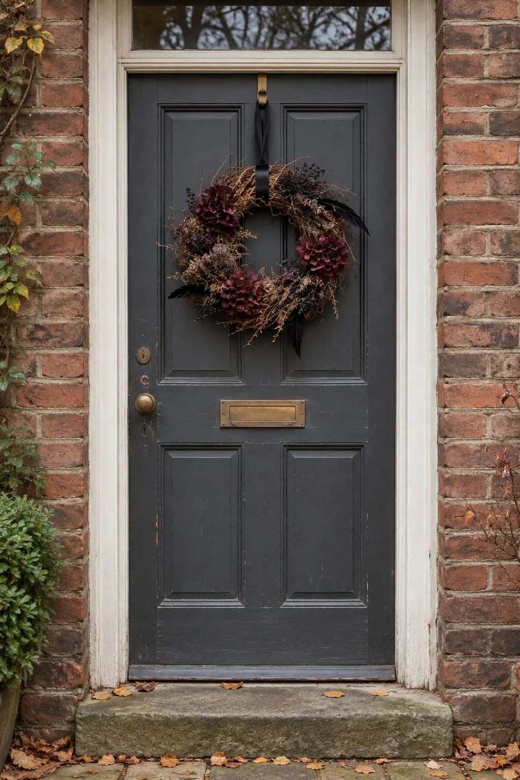 Charcoal door with a twig wreath of burgundy dried hydrangeas and black feathers hanging from a brass hook on black ribbon