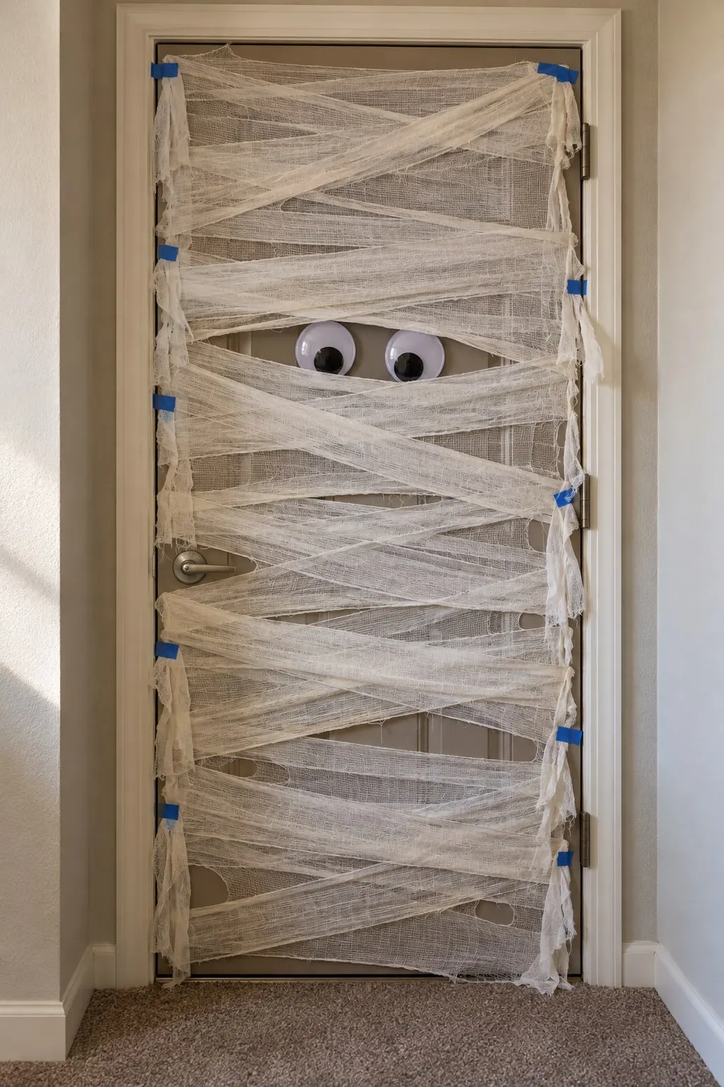 Hallway door wrapped in off-white gauze strips held with blue painter's tape, with two googly eyes peeking through a gap