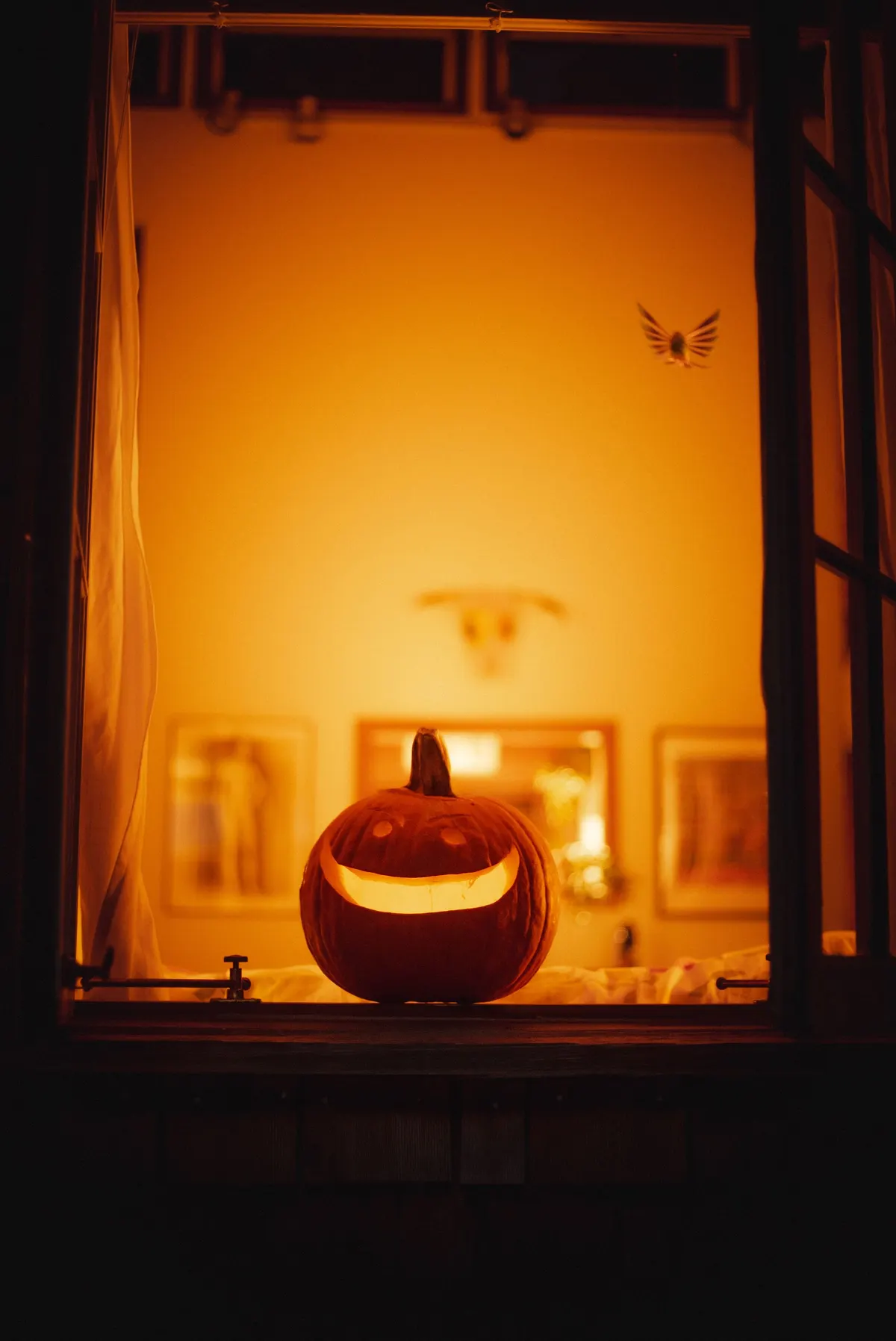 Orange carved pumpkin with two eyes and a wide smile glowing from inside on a dark wooden windowsill