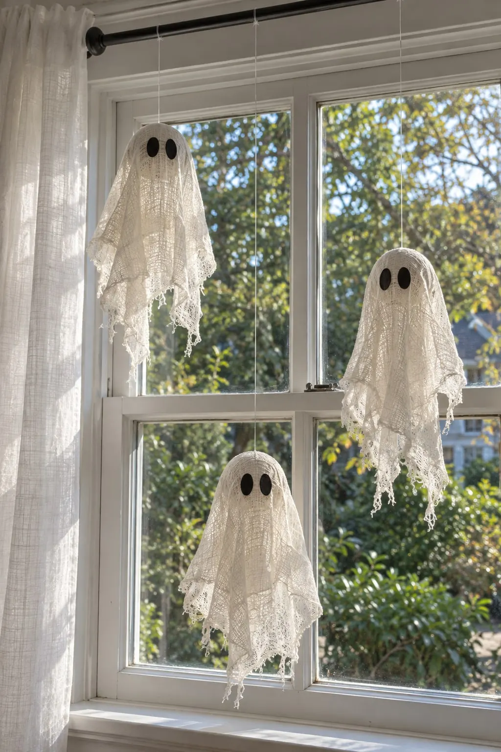 Three off-white gauze ghosts with black oval eyes hanging on strings in front of a four-pane window