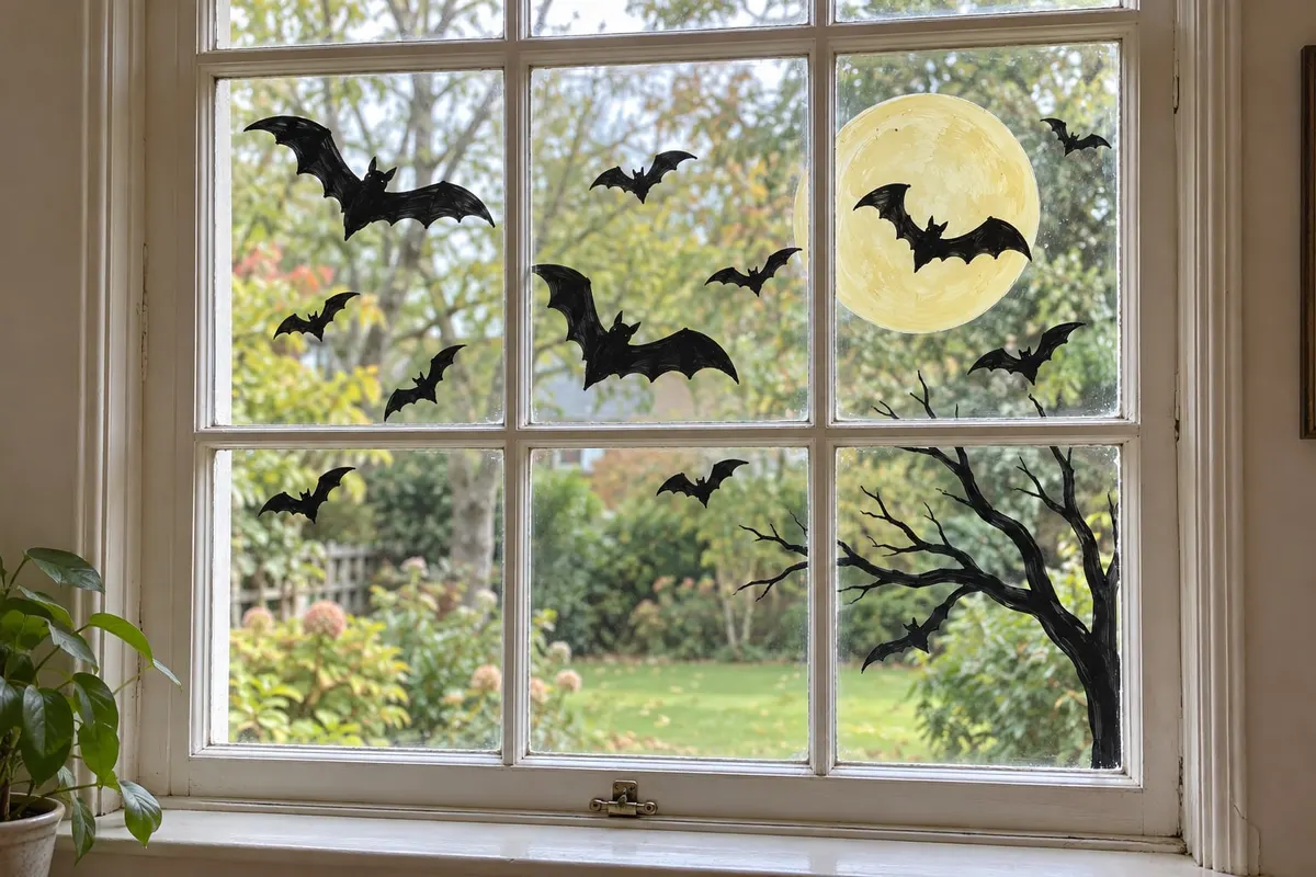 Painted on a white window: eleven black bats flying across a pale yellow moon and a bare black tree