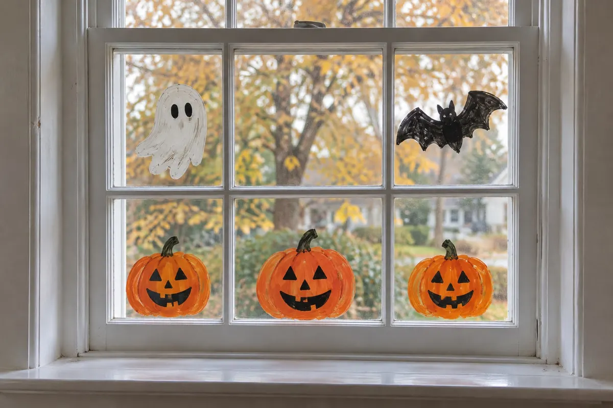 Window painted with three orange jack-o-lanterns, a white ghost with black eyes and one black bat on six clear panes