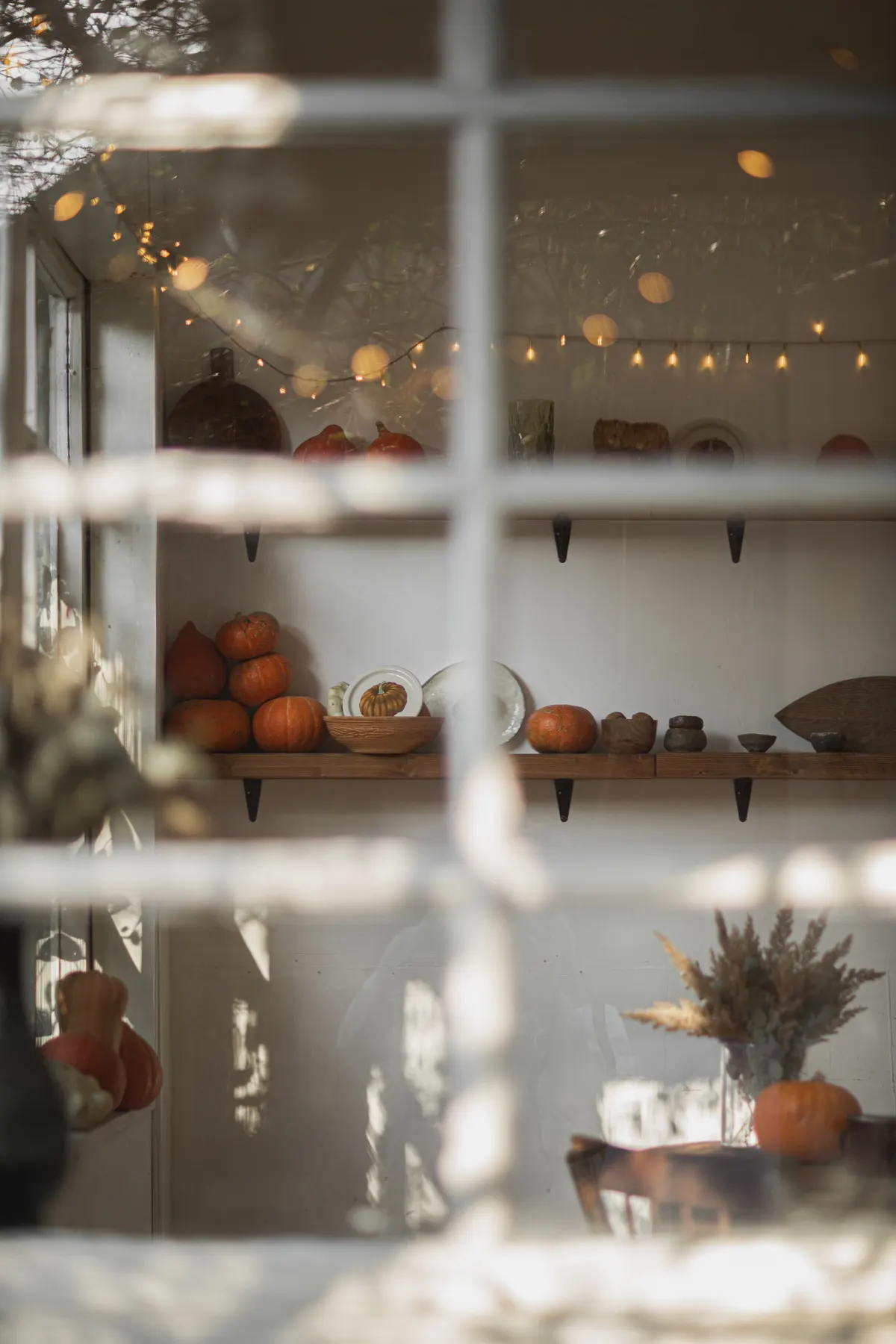 White-framed window with two wooden shelves of orange and pale gourds and plates, a string of warm lights hanging