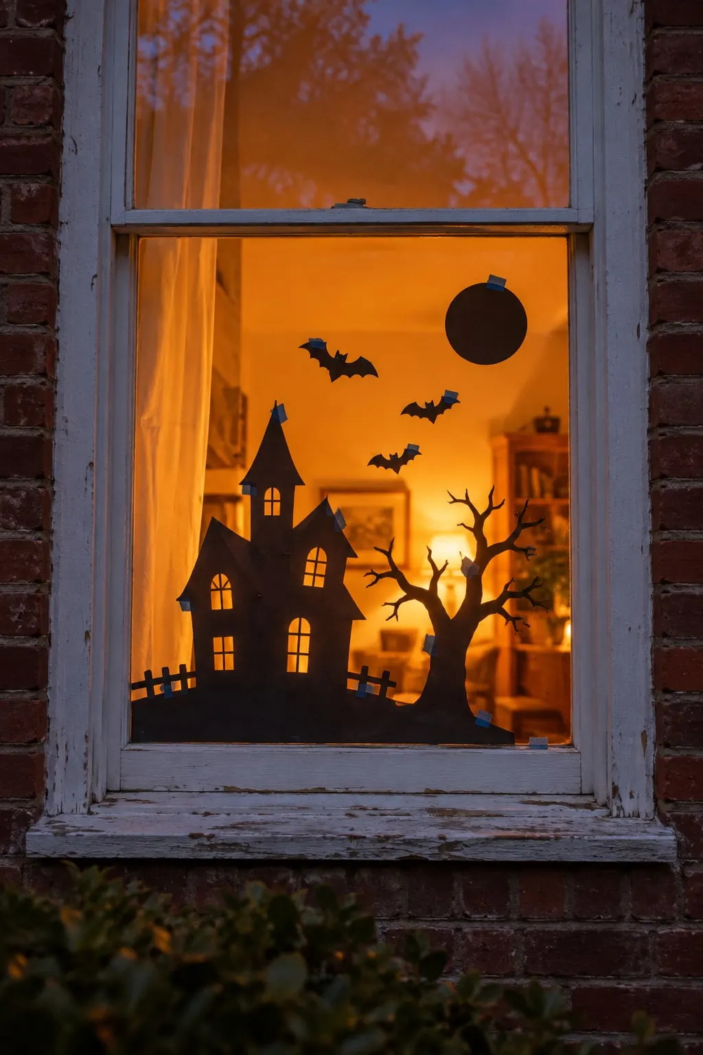 Black paper haunted house with five windows, a bare tree, three bats and fence sections taped to a sash window