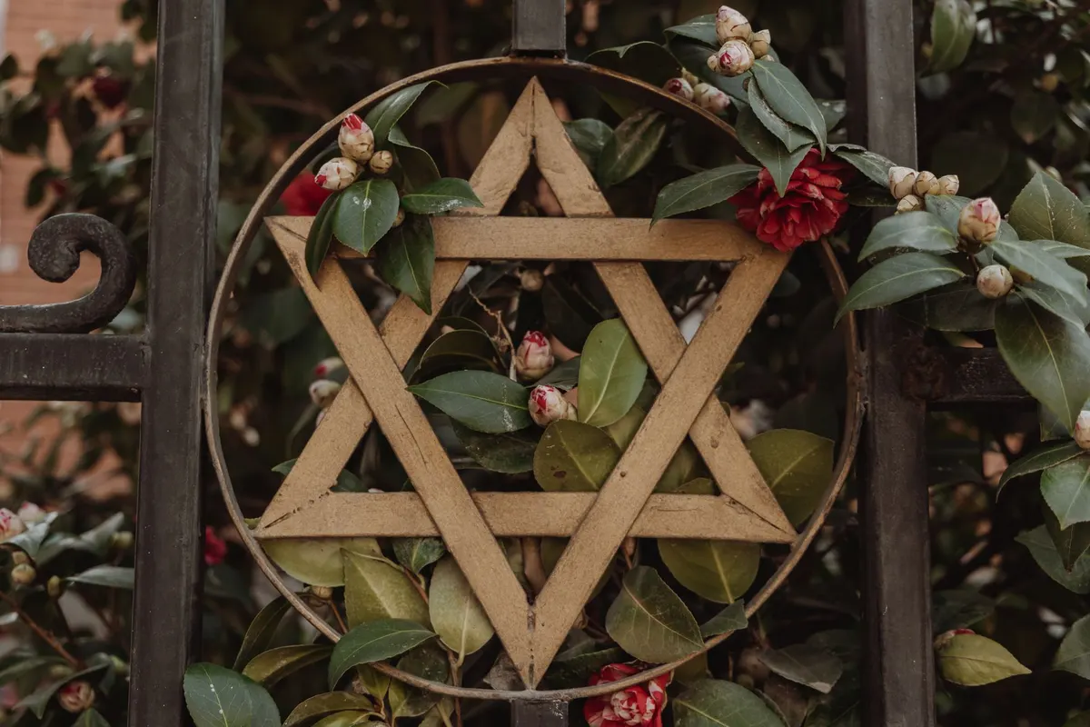Tan wooden Star of David in a thin round frame on an iron gate with leaves and red flowers