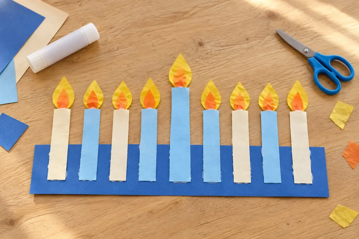 Paper menorah craft with nine blue and cream paper candles on a blue strip beside scissors
