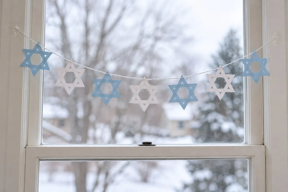 Seven light blue and white paper six-pointed stars hanging on white string across a winter window