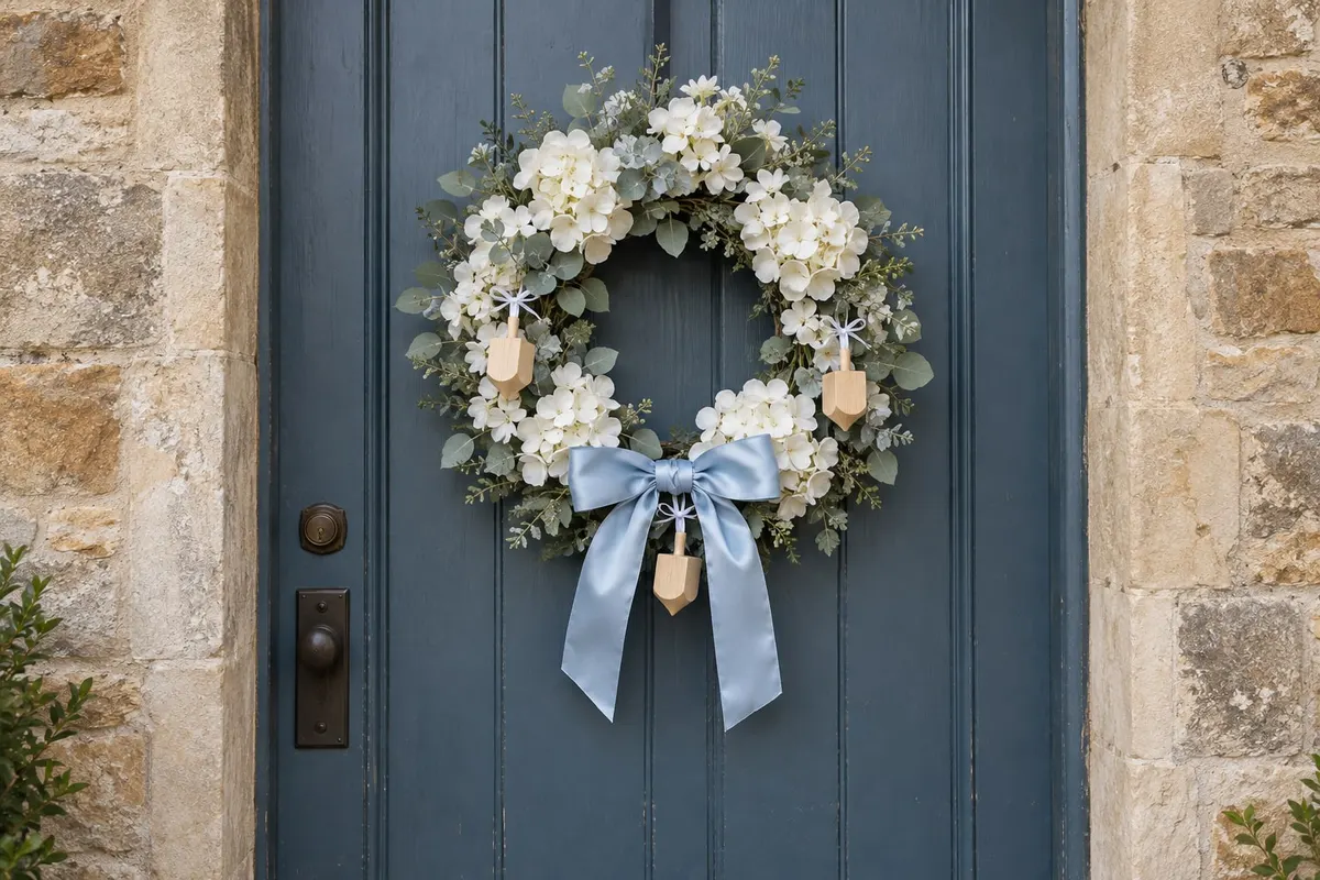 White flower and eucalyptus wreath with three wooden dreidels and a pale blue bow on a blue door