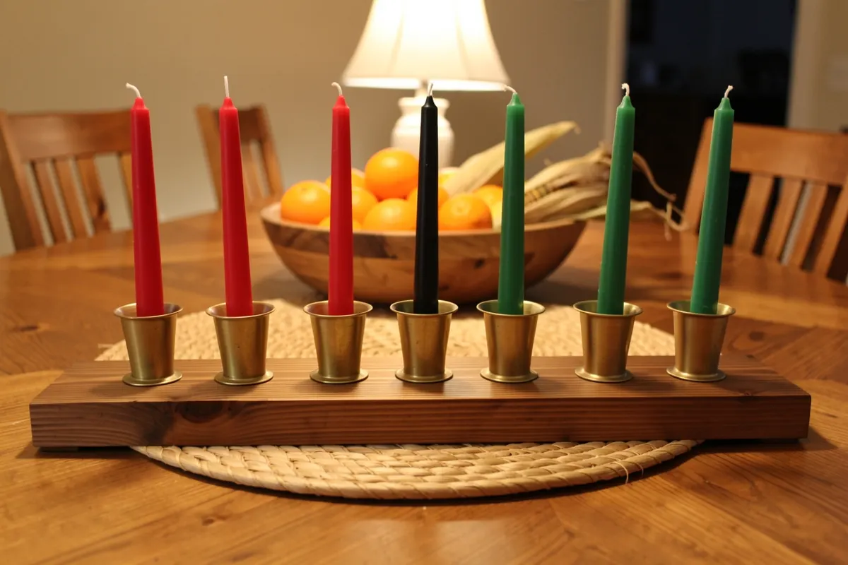 Homemade wooden board kinara with seven brass cups and unlit candles on a round woven mat