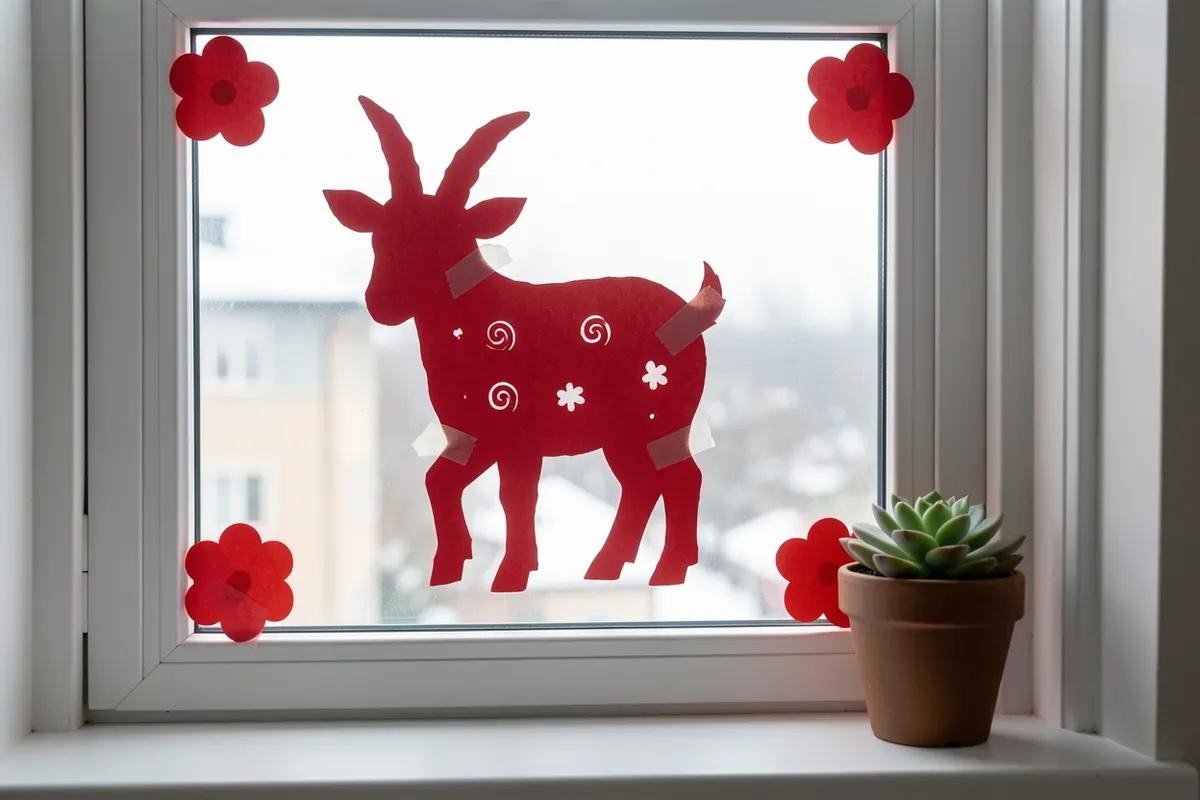 Red paper-cut goat taped to an apartment window with small red paper flowers in the corners