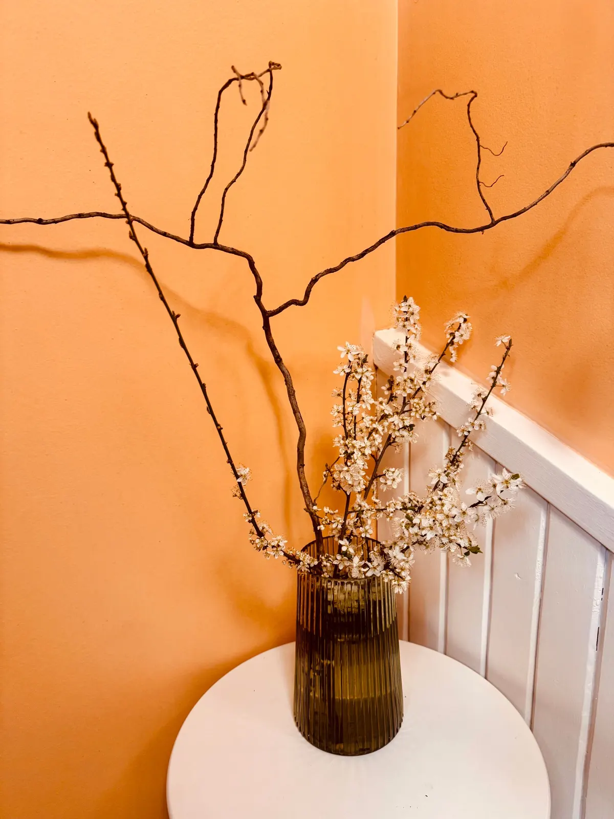Ribbed olive glass vase of bare branches with small white blossoms on a round white table