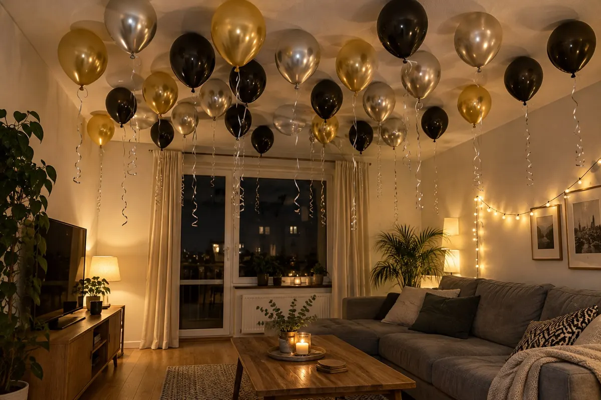 Gold, silver and black helium balloons with silver curling ribbons floating over a gray sofa and coffee table