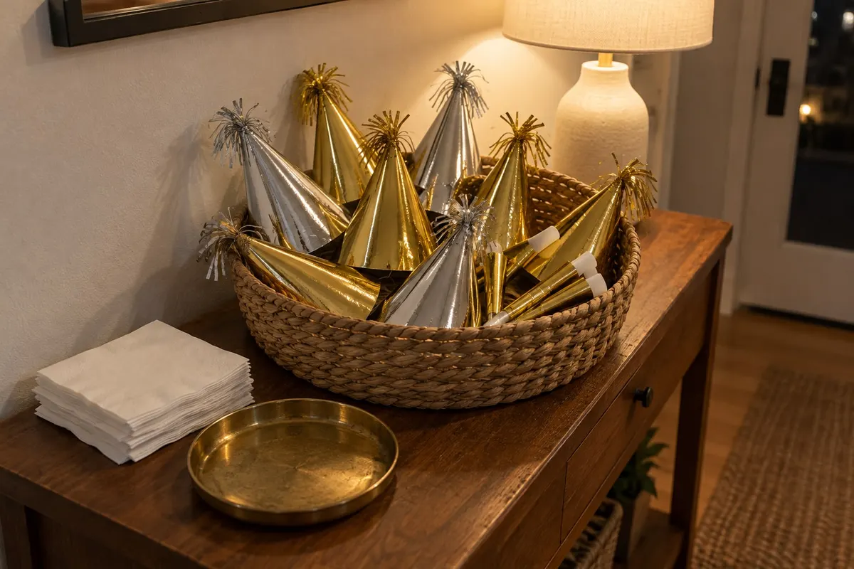 Woven basket of gold and silver cone party hats and gold party horns on an entry console with napkins