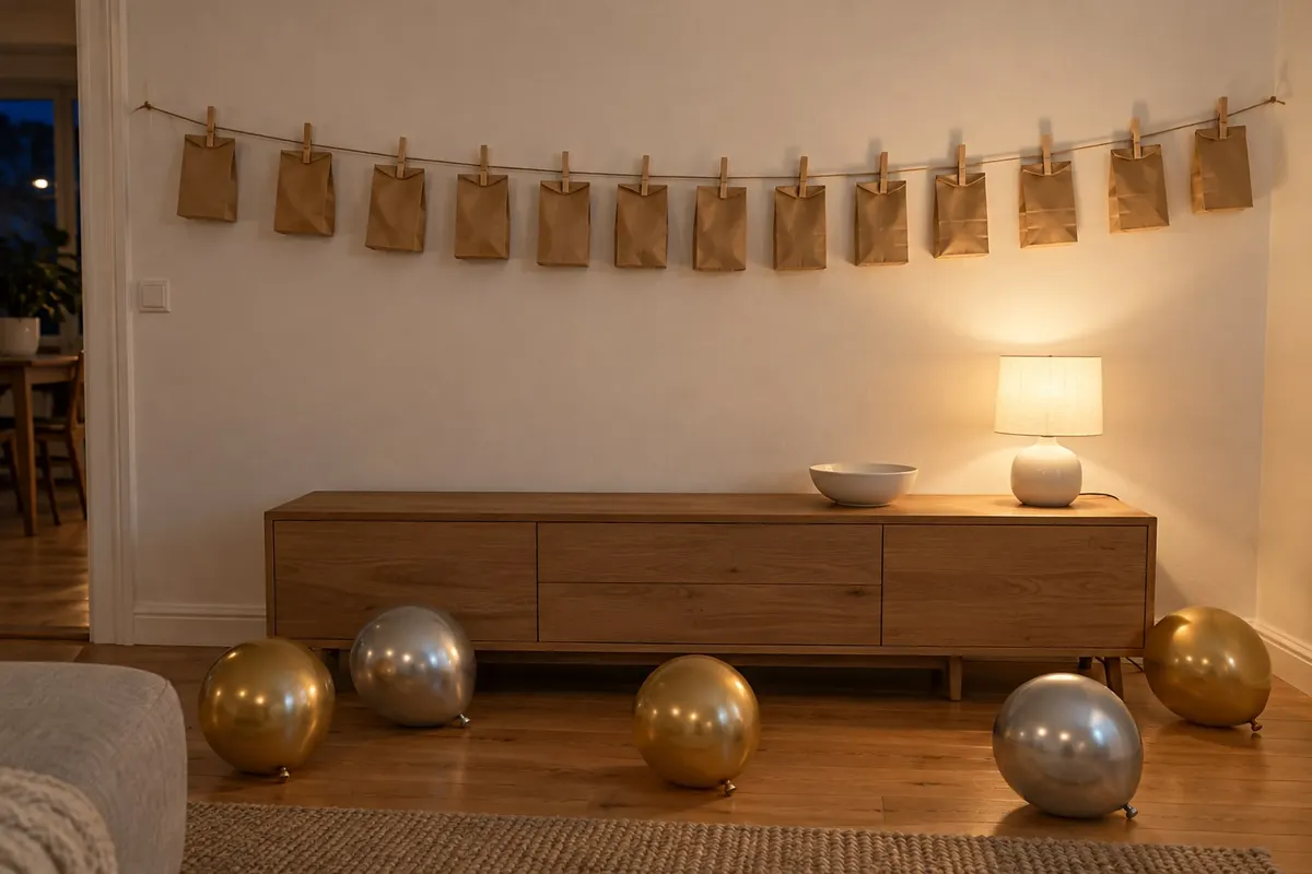 Row of thirteen brown paper bags clipped with wooden clothespins to twine over a sideboard and balloons