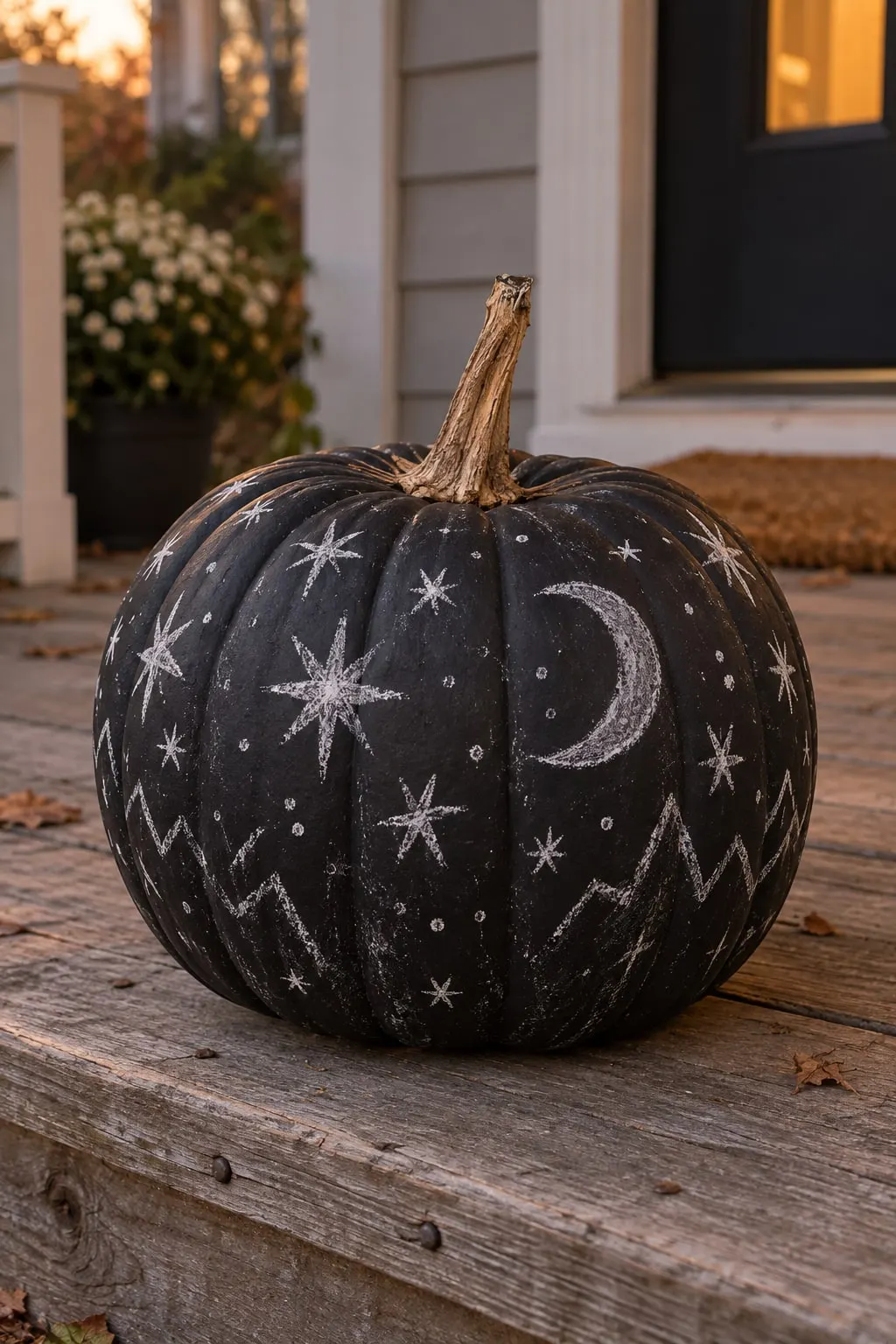 Matte black chalkboard pumpkin covered in white chalk stars, a crescent moon, dots and zigzags on a porch