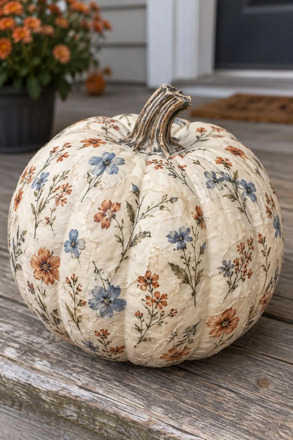 White pumpkin covered in napkin-decoupage wildflowers in dusty blue, rust and sage beside potted orange mums