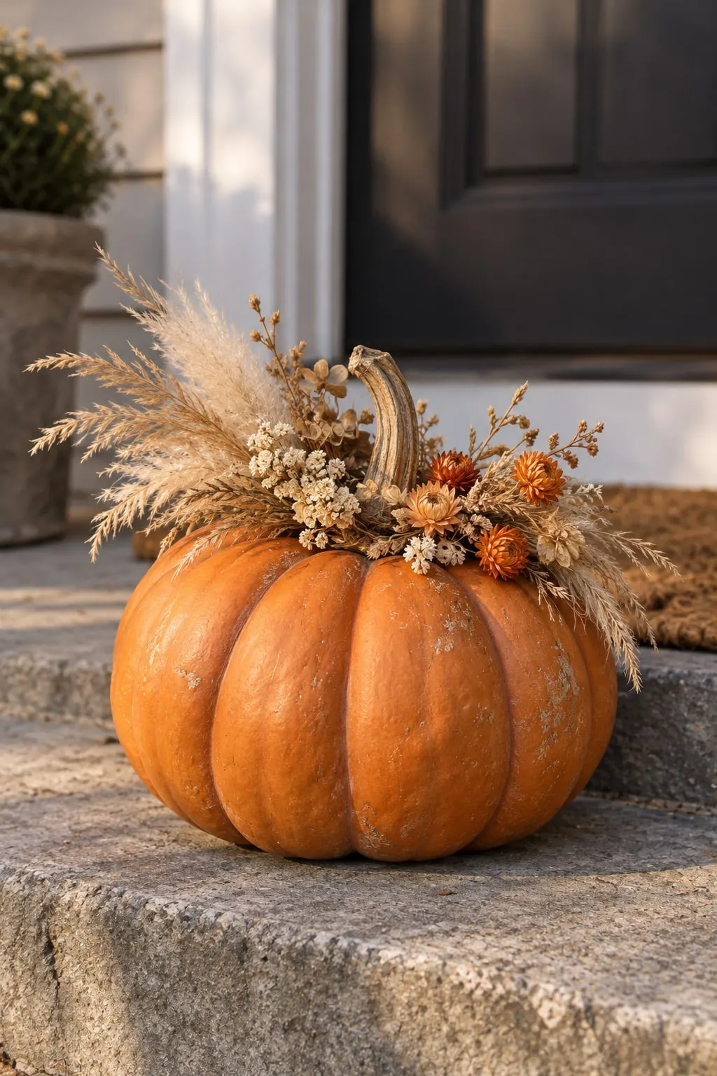 Orange pumpkin topped with a dried-flower crown of pampas grass, cream statice and orange strawflowers on a step