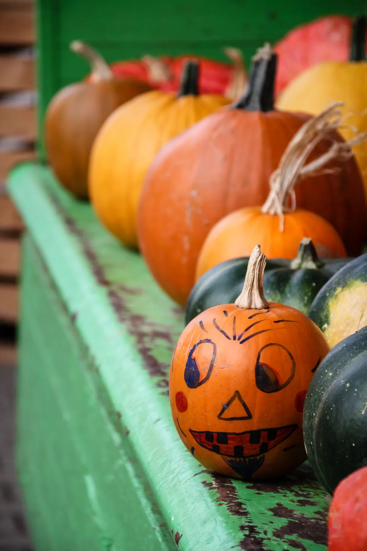 Orange pumpkin with a marker-drawn face, red cheeks and a crosshatched grin among pumpkins and squash on a green bench