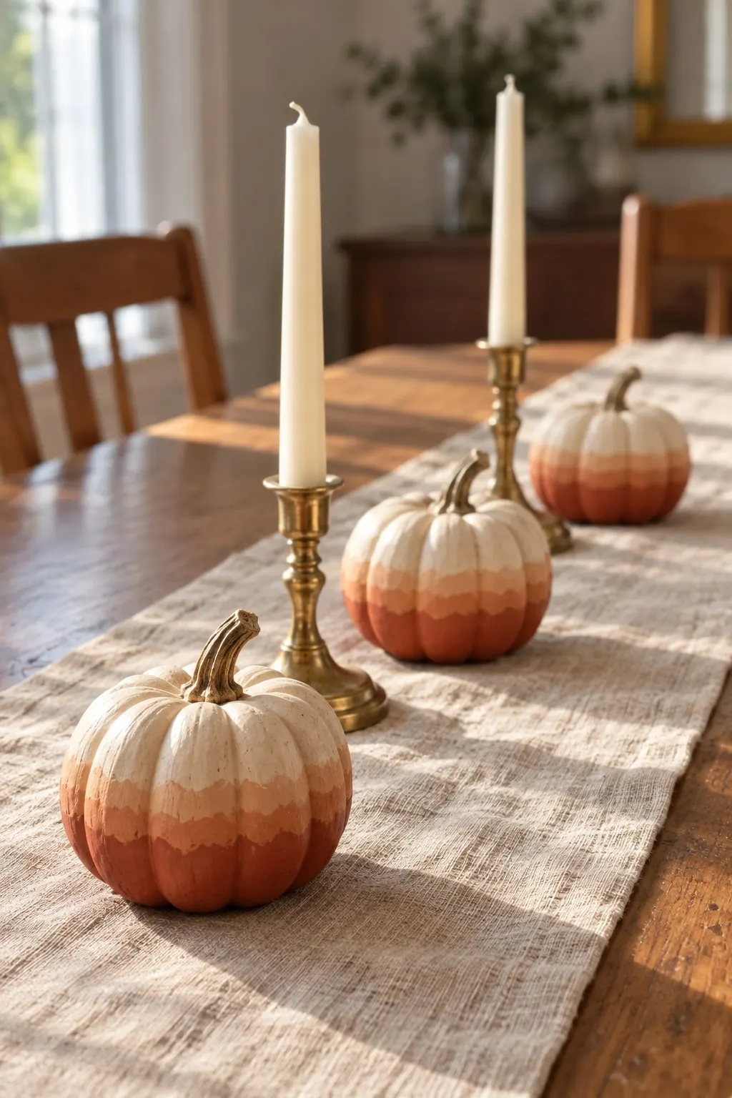 Three small pumpkins with stepped cream-to-rust wavy bands alternating with white tapers in brass holders on a linen runner