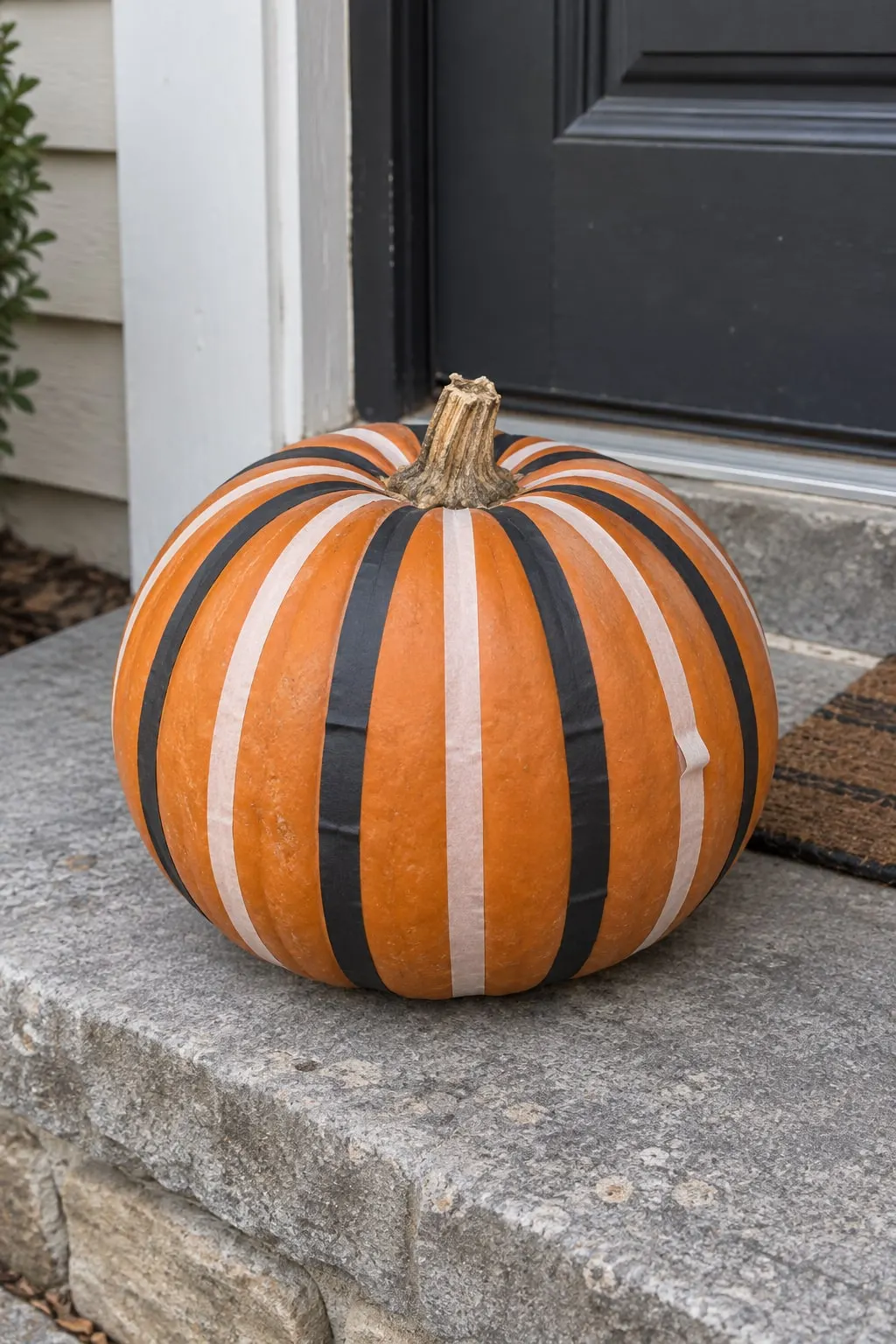 Orange pumpkin on a gray stone porch step wrapped in alternating black and cream tape stripes