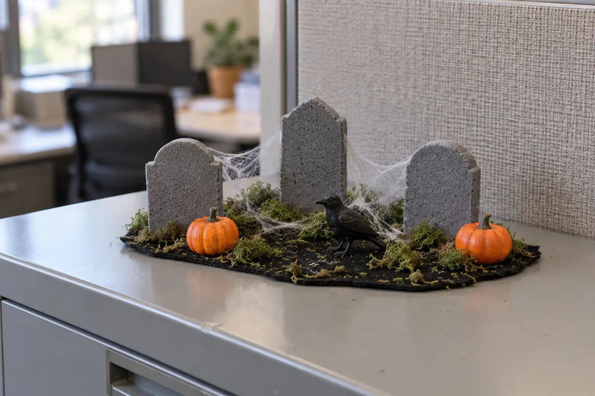 Gray filing cabinet top with black felt, three blank gray tombstones, two small pumpkins, a black crow figure