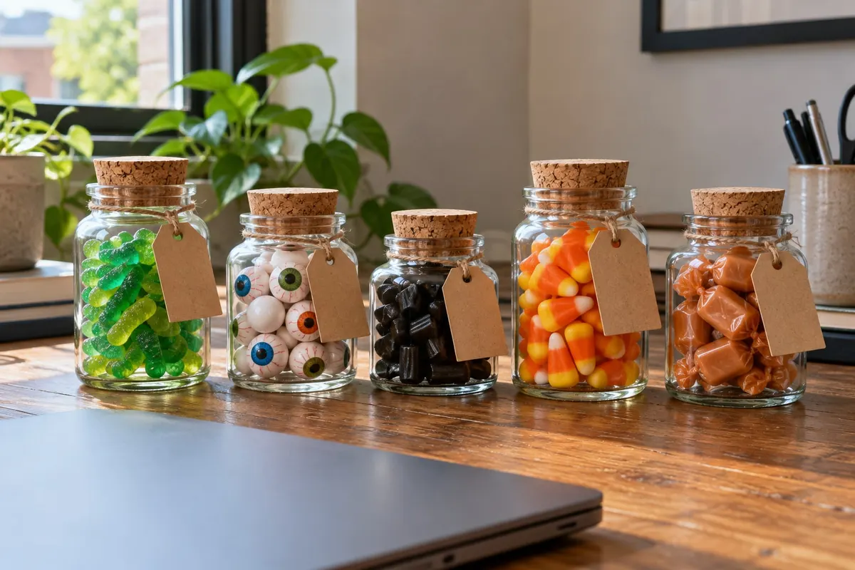 Five corked glass jars with kraft tags on a wooden desk holding gummy worms, candy eyeballs and licorice
