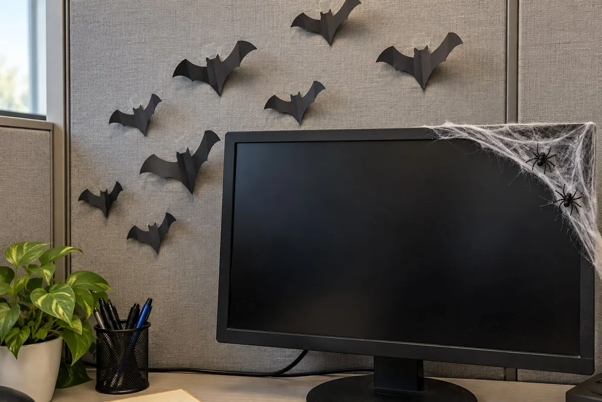 About eight black paper bats stuck to a gray cubicle wall beside a black monitor
