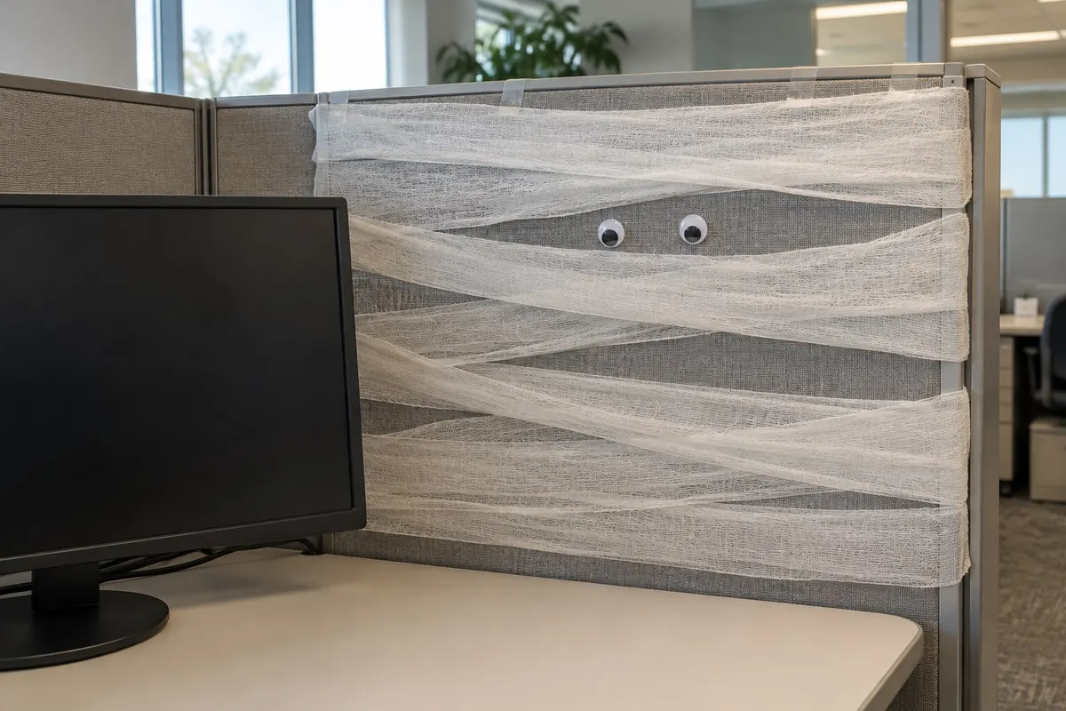 Gray cubicle panel wrapped in crossing strips of white gauze with two googly eyes peeking through a gap