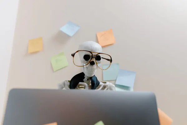 Plastic skeleton in round tortoiseshell glasses and a dark tie sits behind a gray laptop