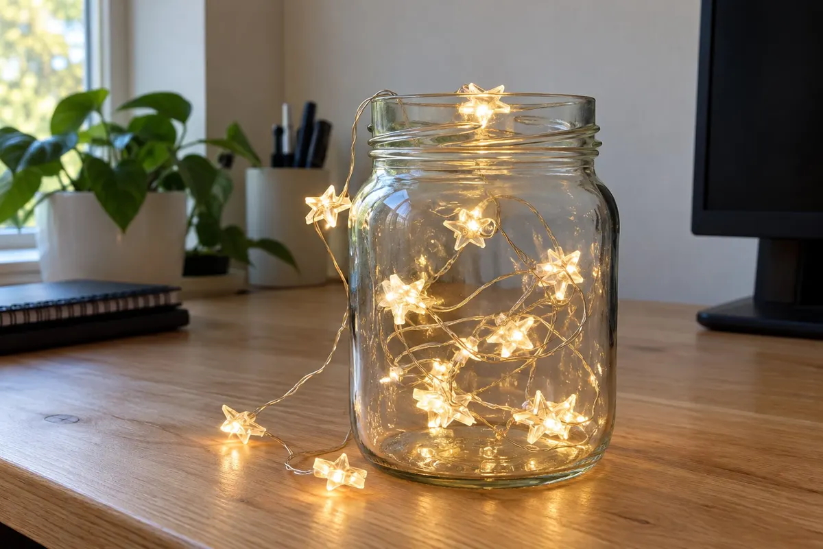 Clear glass jar packed with a warm-white string of star-shaped lights on a light wooden desk