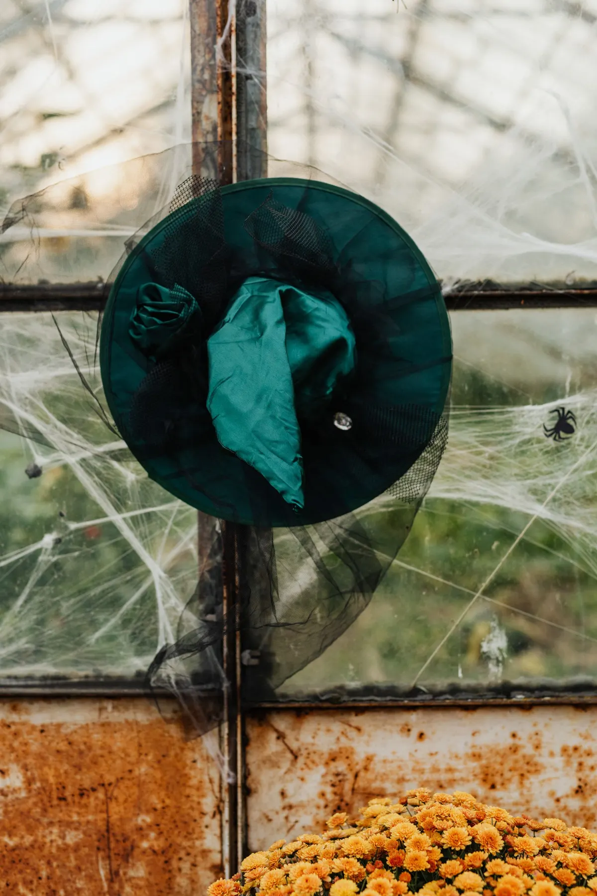 Dark green witch hat with a tulle brim and fabric rose hanging on a glass window covered in white cobweb