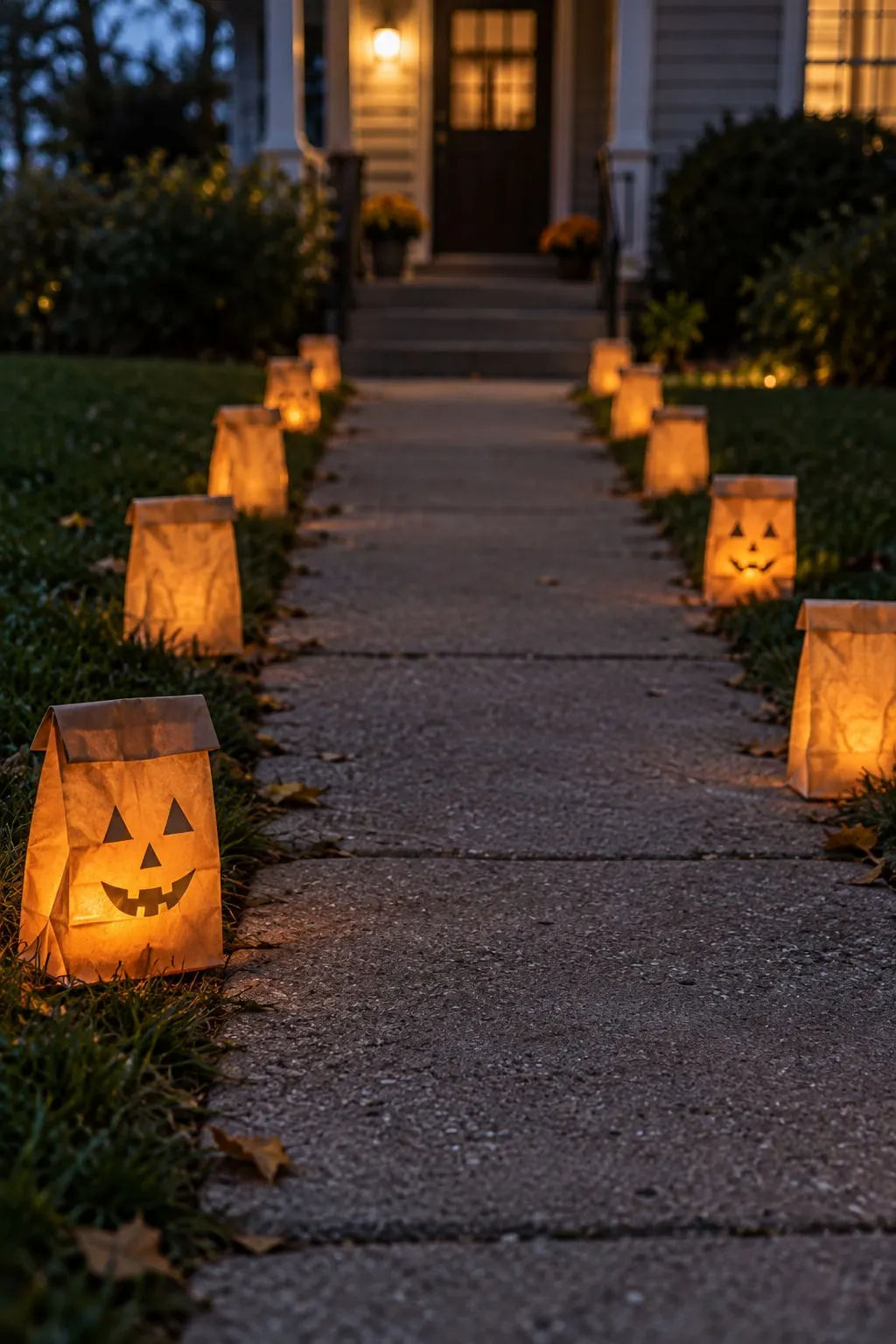 Concrete front walkway at dusk lined with five glowing brown paper bags on each side, two with triangle jack-o'-lantern faces