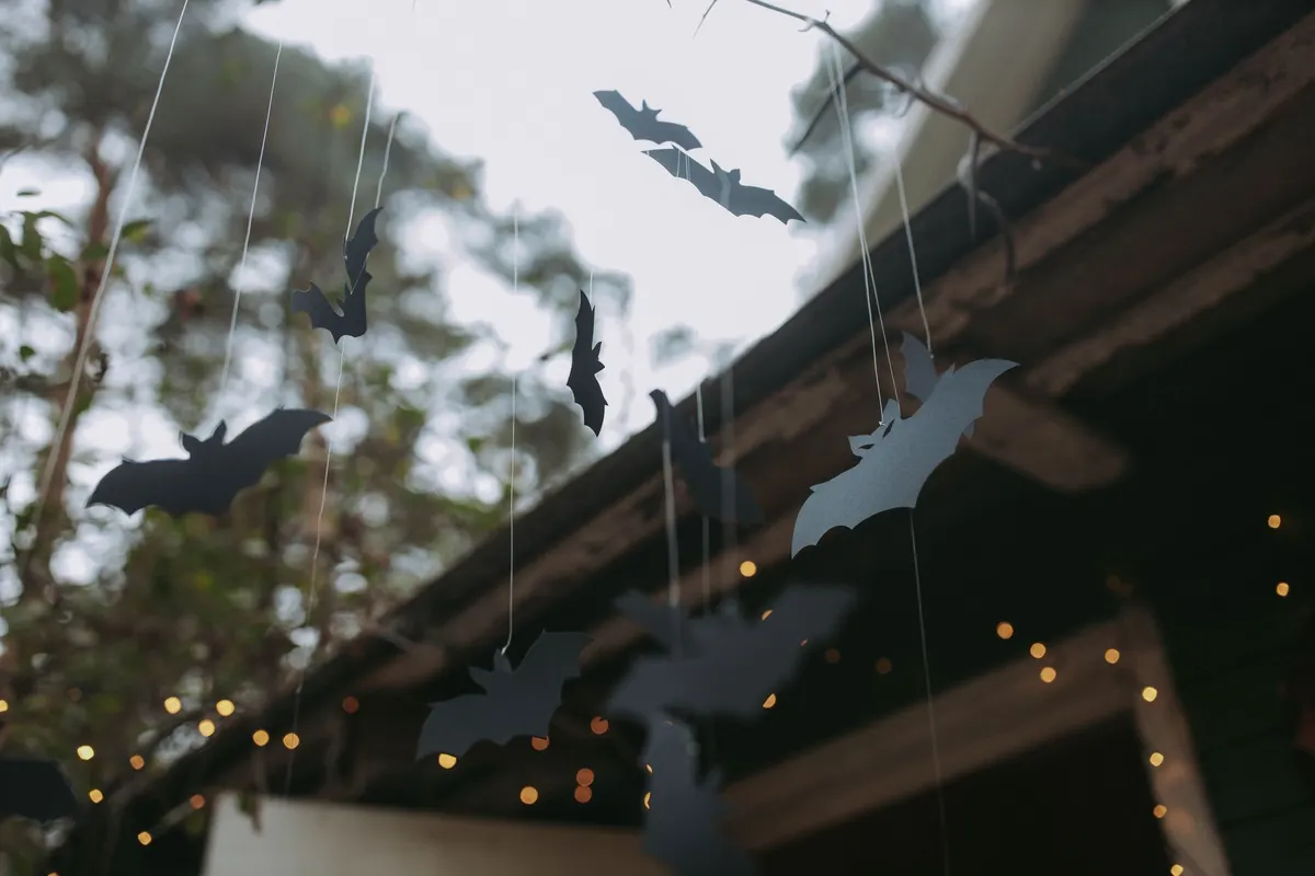 About a dozen black bat cutouts in several sizes dangling on thin strings, with warm string lights behind