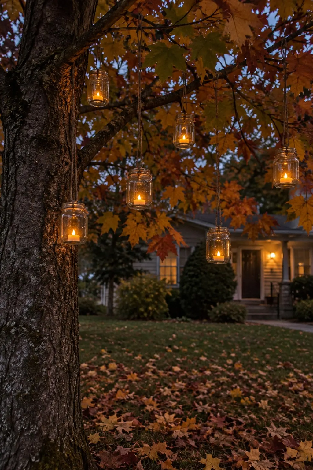 Six glass jars hanging at different heights from a yard tree at dusk, each glowing amber from a tea light