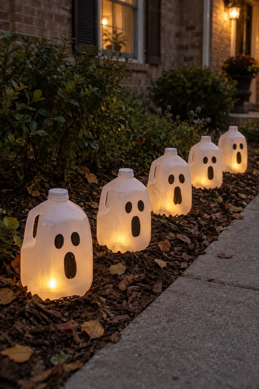 Five white milk jugs with black oval ghost faces glowing from inside along a garden bed beside a walkway