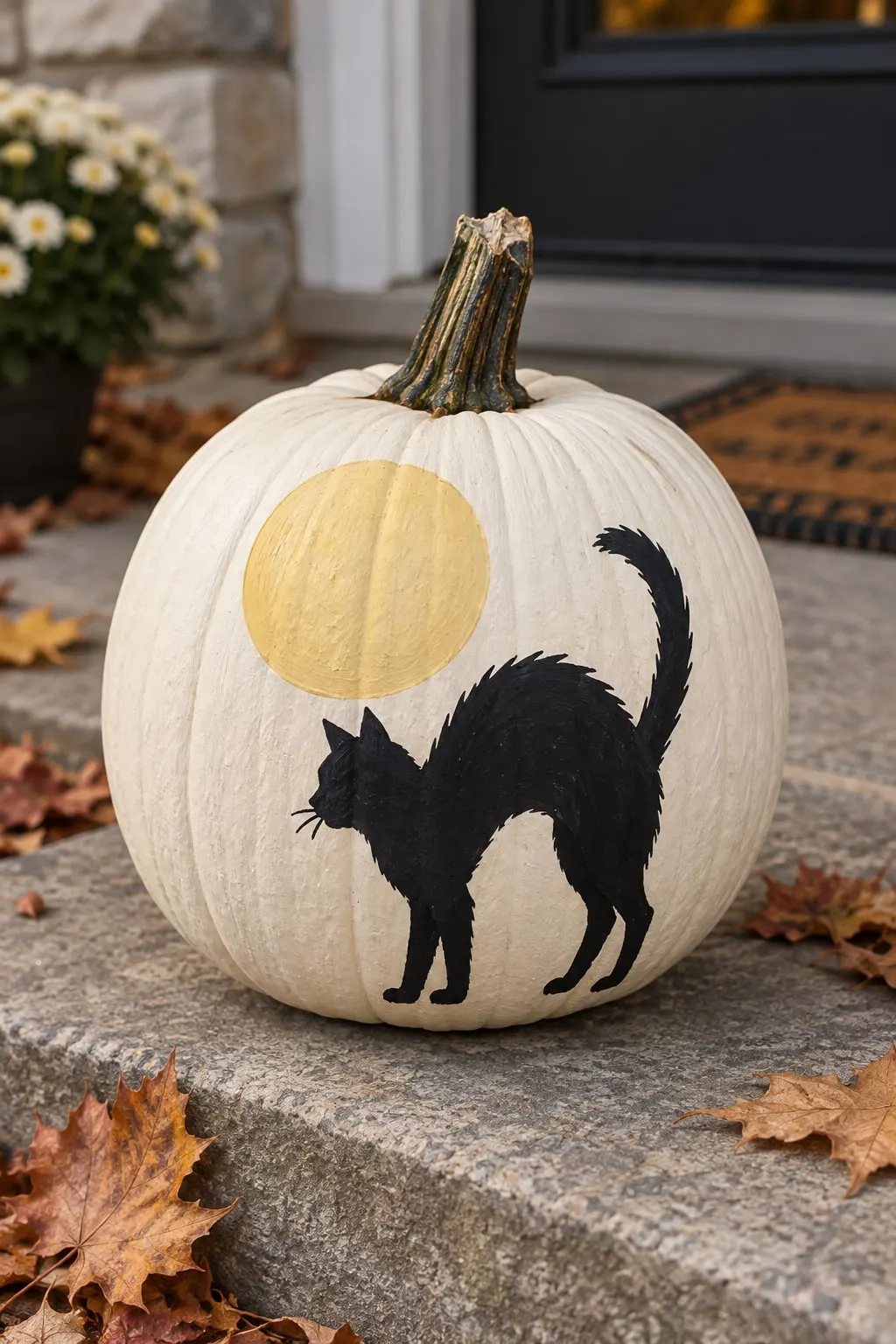 Ivory pumpkin on a stone porch step painted with a pale yellow full moon and a black cat silhouette