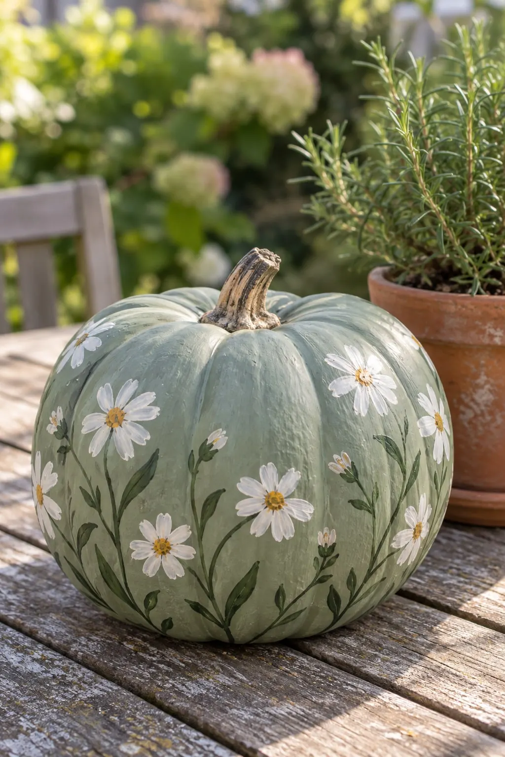 Pale sage-green pumpkin painted with white daisies with gold centers on dark green stems, on a weathered wood table