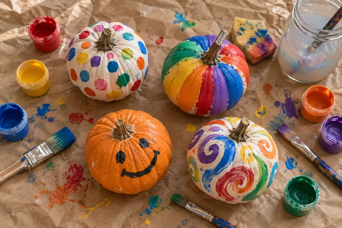 Four white and orange pumpkins painted with rainbow dots, stripes, spirals and a black smile, among paint pots and brushes