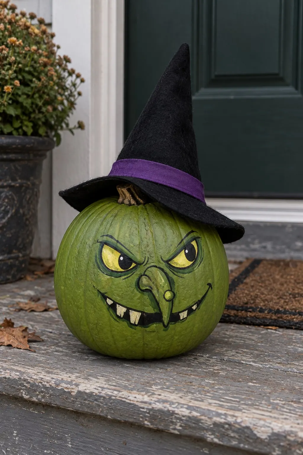 Olive-green pumpkin painted as a witch with slanted yellow eyes, a hooked green nose with one wart and five teeth
