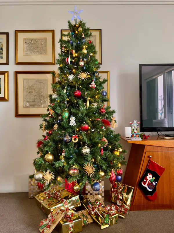 Decorated Christmas tree with wrapped gifts in an apartment living room beside a TV cabinet and framed maps