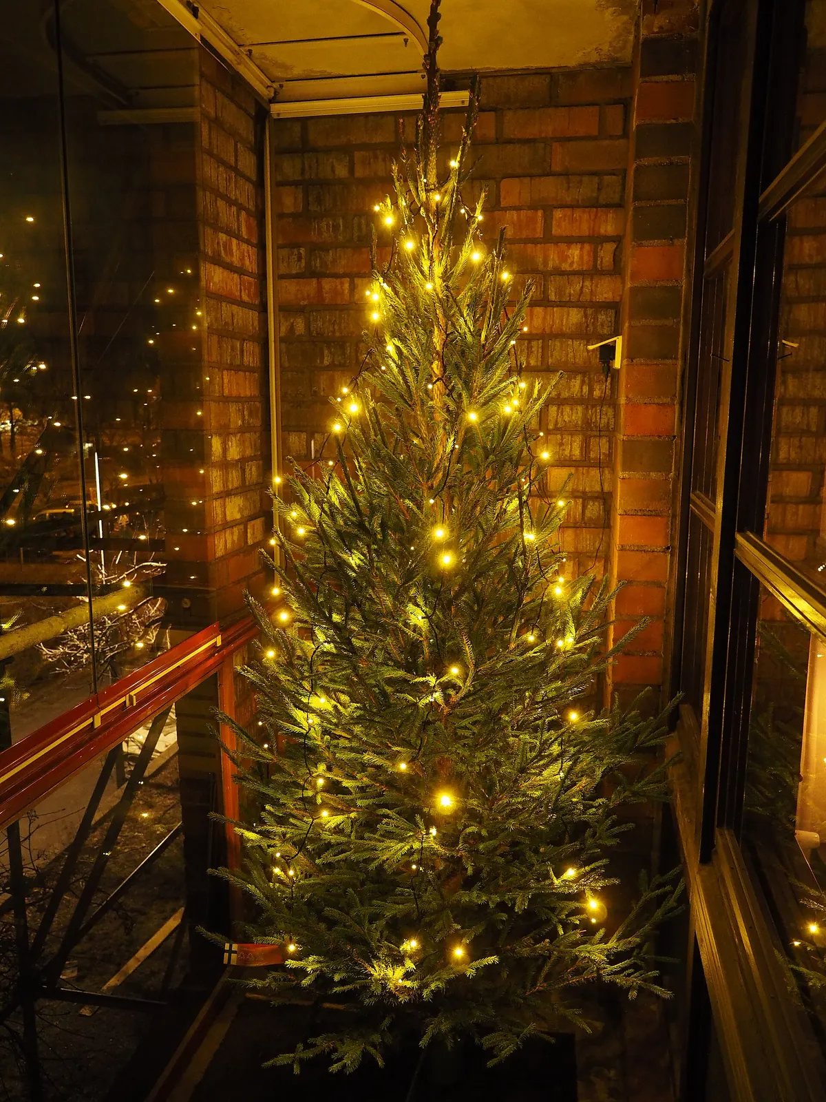 Evergreen tree lit only with warm white string lights in a brick-walled glass balcony corner at night