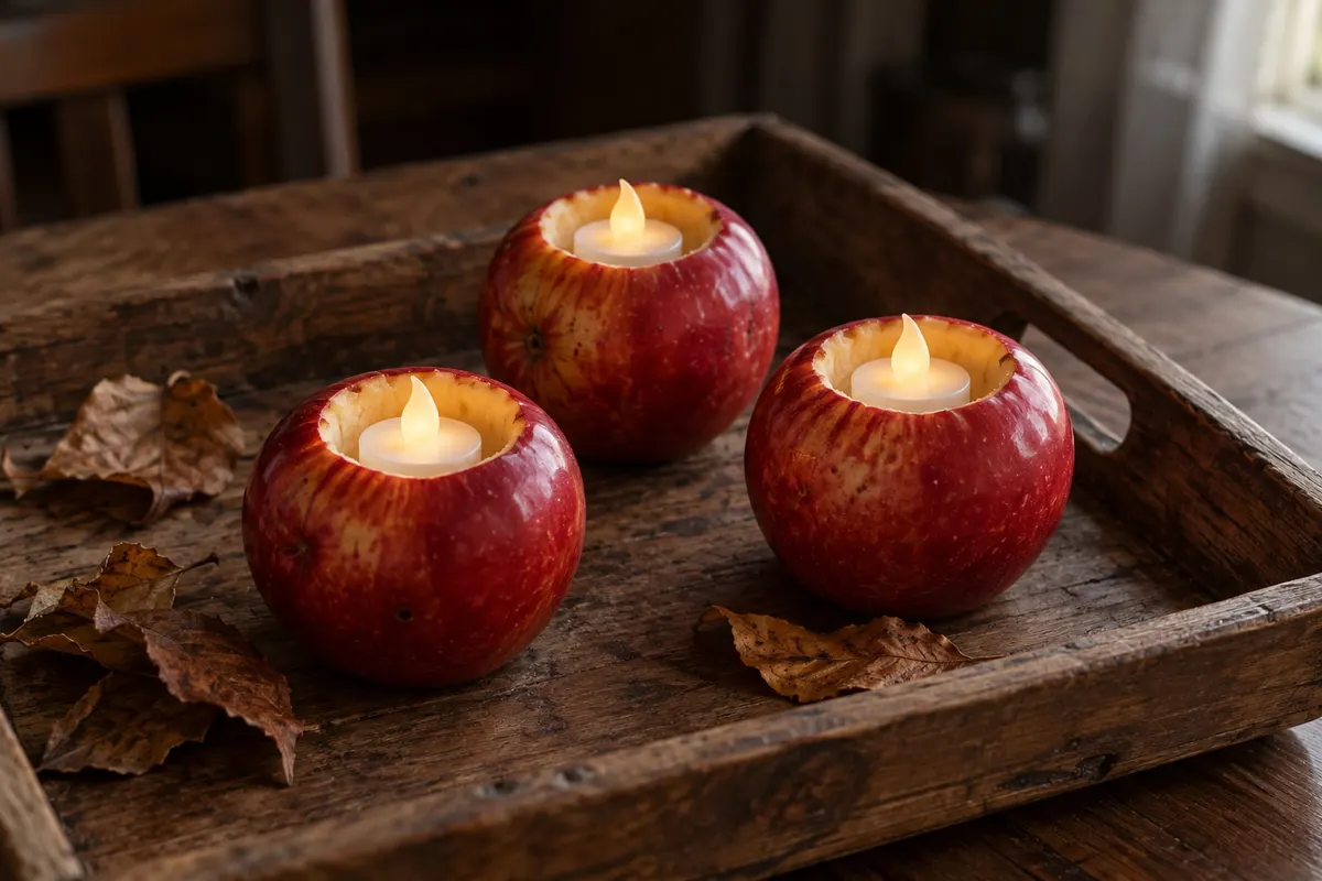 Three red and yellow hollowed apples each holding a white flameless tea light on a wooden tray with dried leaves